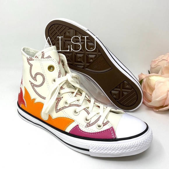 Converse Ctas Leather High Top Egret Red Orange🍊W - Picture 3 of 8